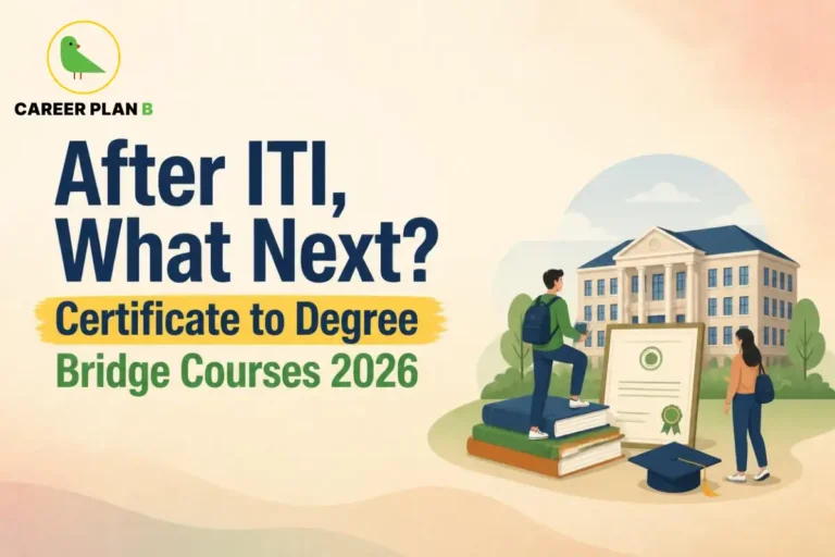 Two students progress from ITI certificate to university degree with Career Plan B logo beside campus.