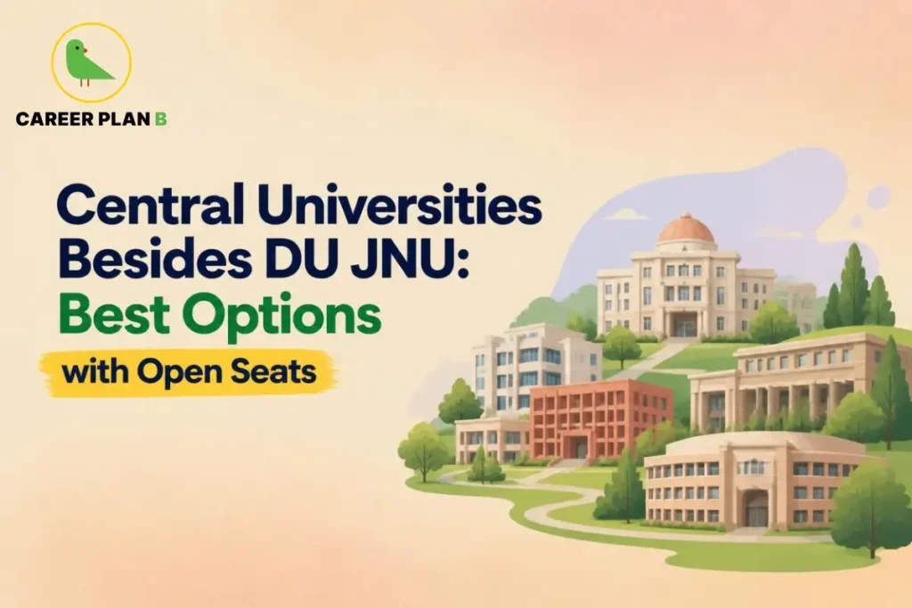 Illustration of multiple central university campuses with Career Plan B logo highlighting open admission seat options.