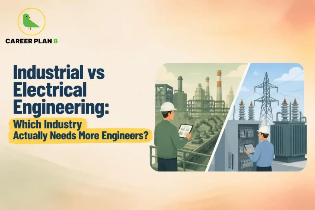 Industrial vs Electrical Engineering comparison showing manufacturing and power sector engineers to help students choose the engineering branch with higher career demand.
