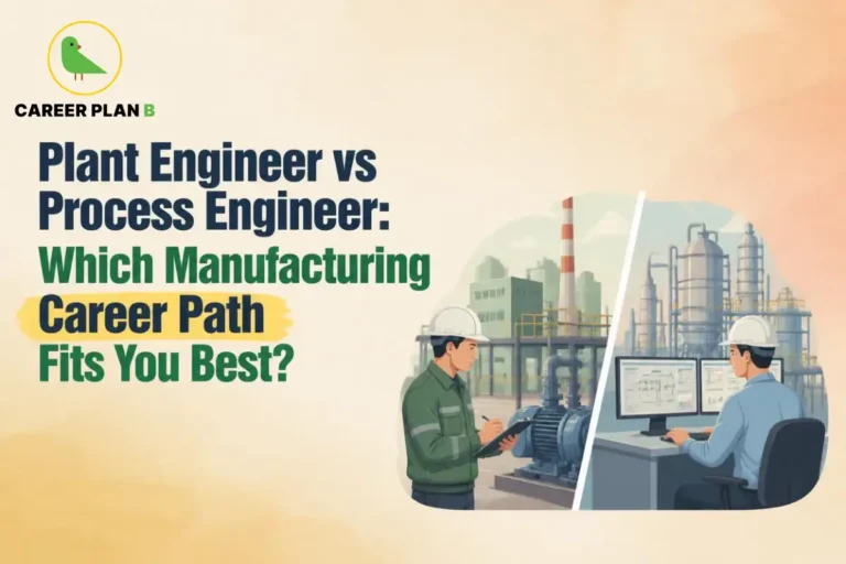 Plant Engineer vs Process Engineer comparison showing engineers working in manufacturing plants and process control systems to help students choose the right engineering career path.