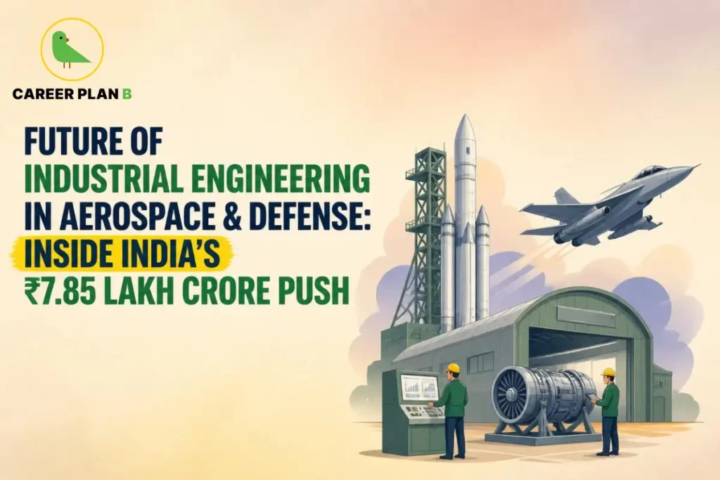 Future of Industrial Engineering in aerospace and defence featuring engineers, aircraft, rocket launch systems, and jet engine manufacturing in India's growing defence sector.