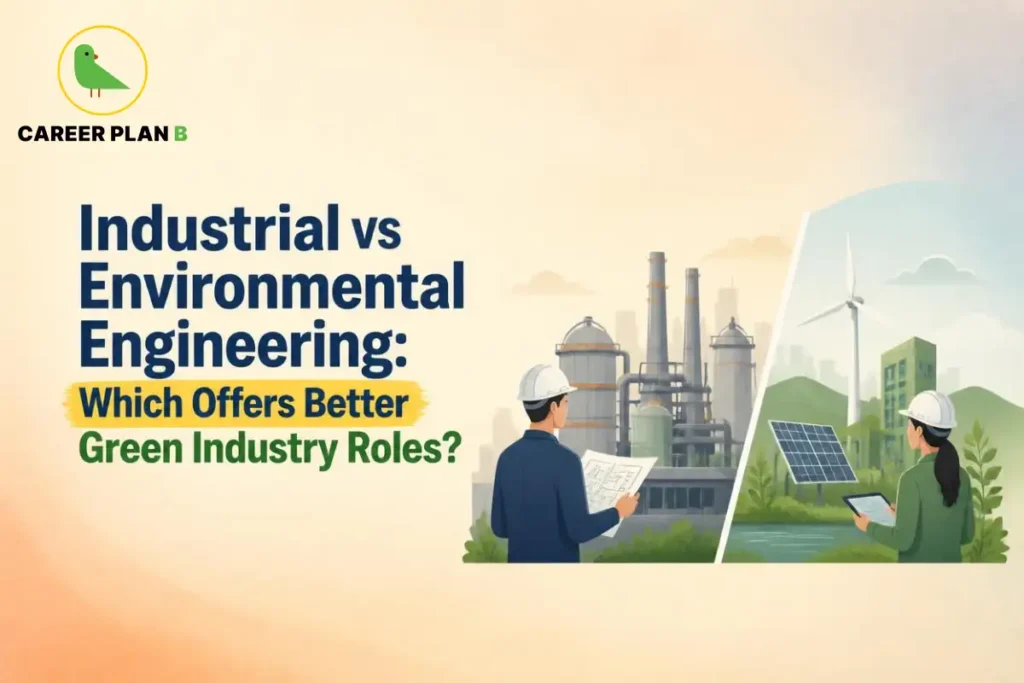 Industrial vs Environmental Engineering comparison showing manufacturing facilities and renewable energy systems to help students choose the best green engineering career.