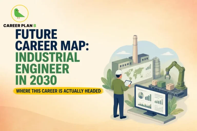 Career Plan B graphic showing a future career map for industrial engineers in 2030, with industrial automation and manufacturing technology.