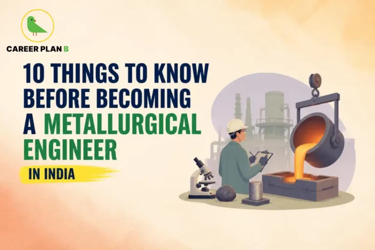 Career Plan B graphic showing 10 things to know before becoming a metallurgical engineer in India, with industrial metallurgy illustrations.
