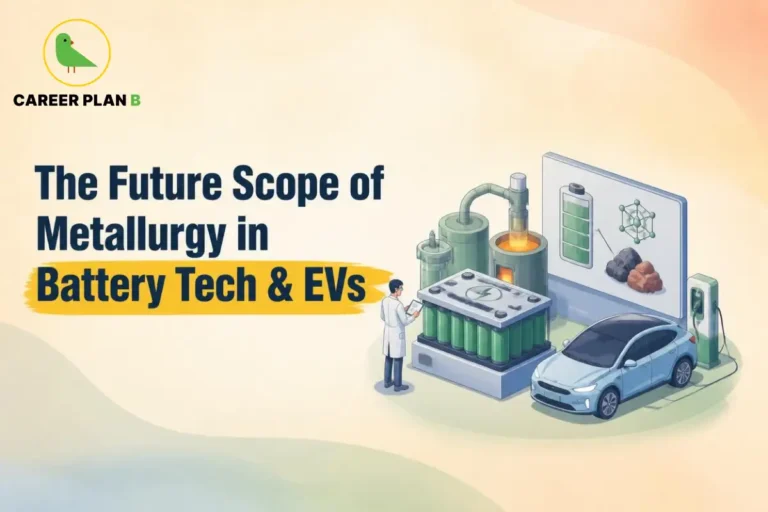 Career Plan B graphic showing the future scope of metallurgy in battery technology and electric vehicles, with battery and EV illustrations.