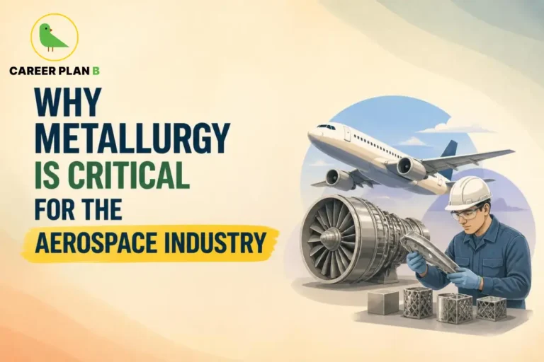 Career Plan B graphic showing why metallurgy is critical for the aerospace industry, featuring an aircraft, jet engine, and metallurgical engineer.