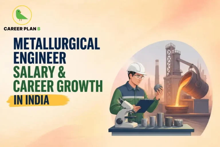 Career Plan B graphic showing metallurgical engineer salary and career growth in India, with industrial metallurgy and laboratory illustrations.