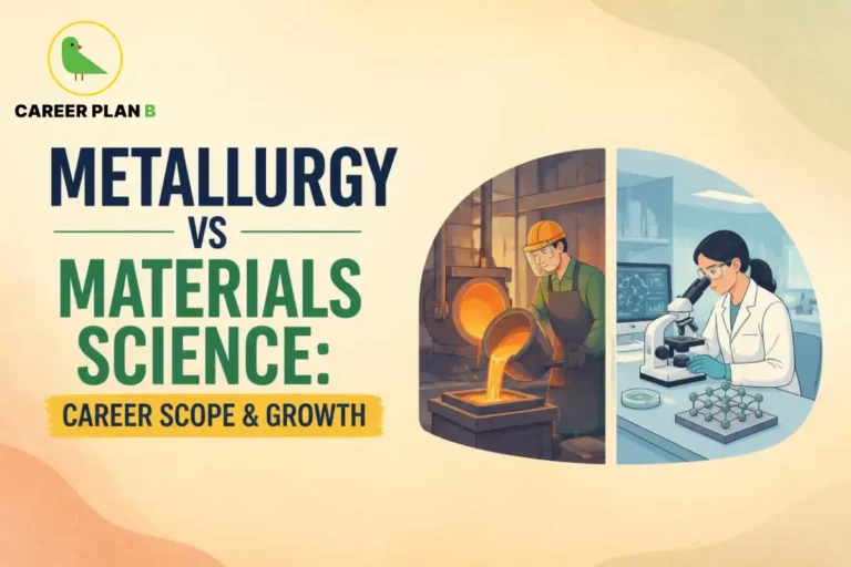 Career Plan B graphic comparing metallurgy and materials science, highlighting career scope and growth with industrial and laboratory illustrations.