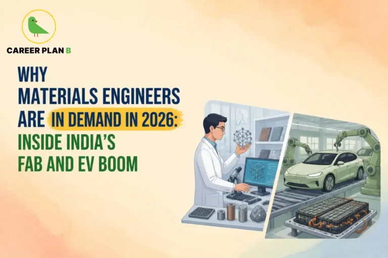 Career Plan B graphic showing why materials engineers are in demand in 2026, featuring semiconductor fabrication and electric vehicle technology.