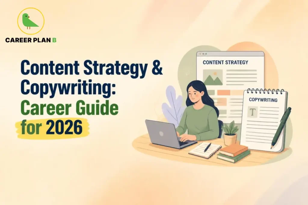 Professional typing on a laptop next to content strategy web wireframes and a copywriting notepad.