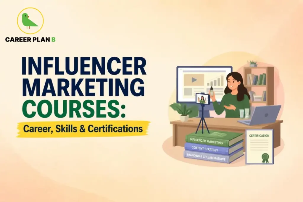Content creator filming a product review video at a desk with textbooks and a certificate for influencer marketing courses.