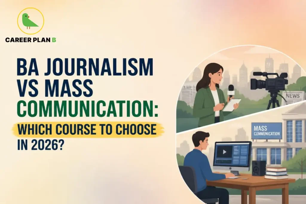 Reporter holding a microphone on camera next to a student editing media in front of a mass communication building.