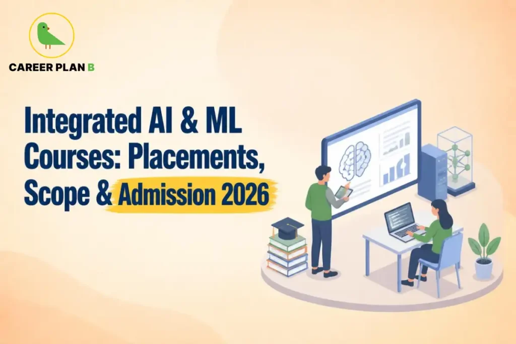 Students studying integrated AI and ML courses while analyzing neural network visuals and brain graphics on a display screen.