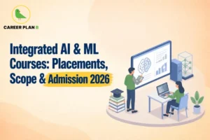 Students studying integrated AI and ML courses while analyzing neural network visuals and brain graphics on a display screen.