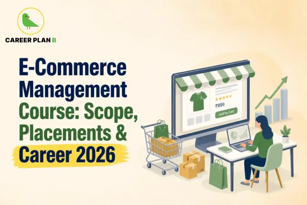 Professional managing an online storefront with a shopping cart, delivery boxes, and sales growth charts for an e-commerce management course guide.
