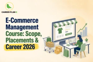 Professional managing an online storefront with a shopping cart, delivery boxes, and sales growth charts for an e-commerce management course guide.