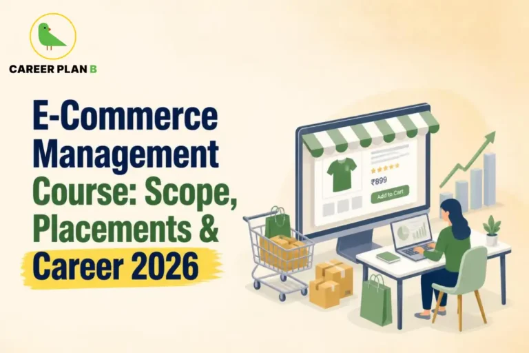 Professional managing an online storefront with a shopping cart, delivery boxes, and sales growth charts for an e-commerce management course guide.