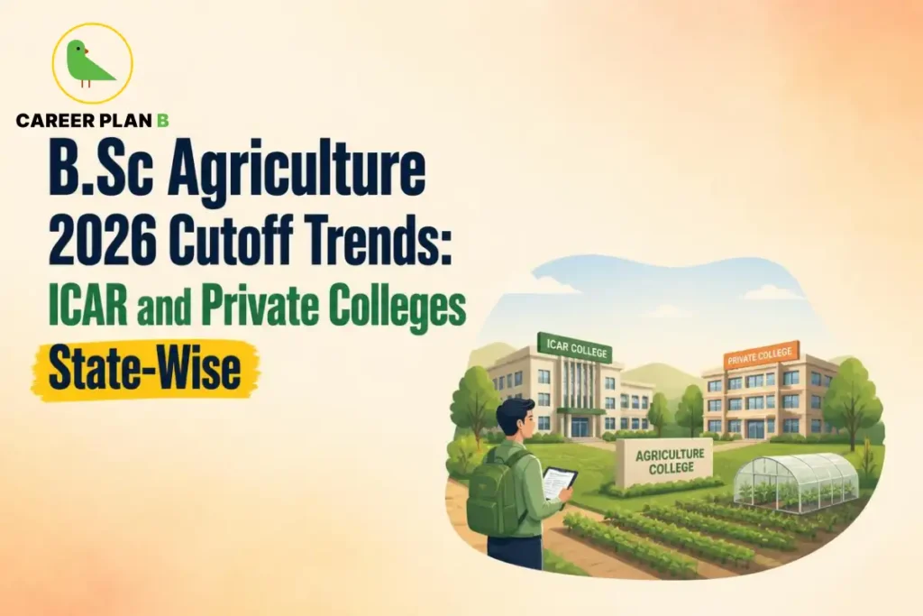 Career Plan B graphic showing BSc Agriculture 2026 cutoff trends for ICAR and private colleges across states.