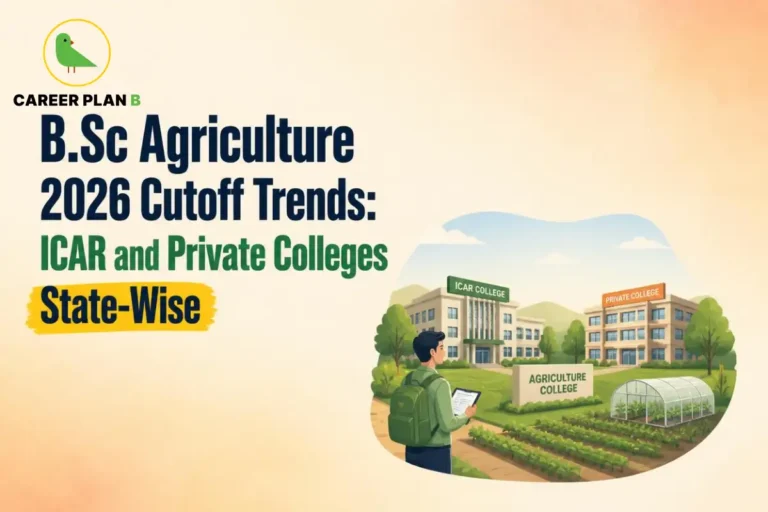 Career Plan B graphic showing BSc Agriculture 2026 cutoff trends for ICAR and private colleges across states.