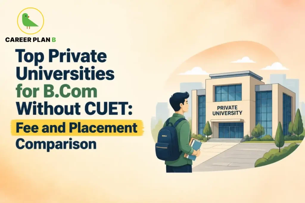 Career Plan B graphic showing top private universities for B.Com without CUET, with fees and placement comparison.
