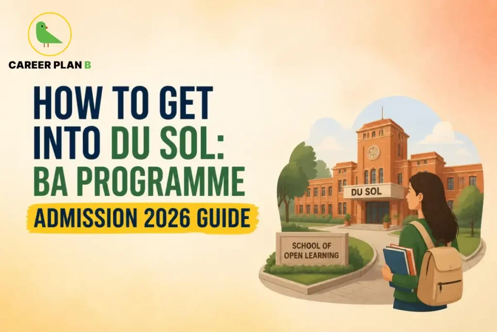 Career Plan B graphic showing DU SOL BA Programme admission guide for 2026.