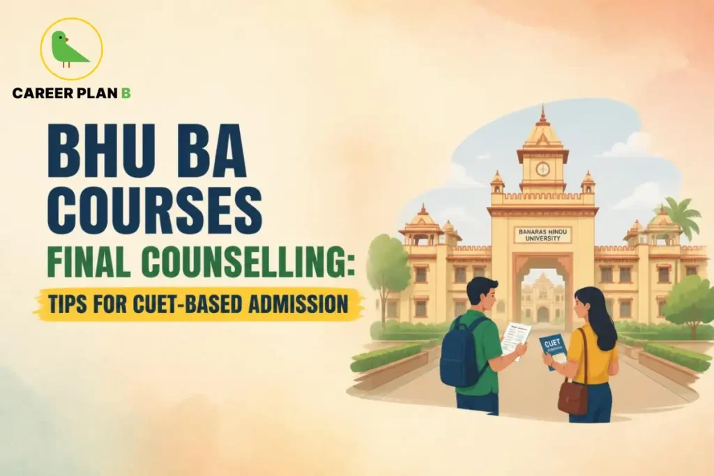 Career Plan B graphic showing BHU BA courses and final counselling tips for CUET-based admission.