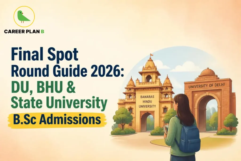 Career Plan B graphic showing final spot round guide for DU, BHU, and state university B.Sc admissions.