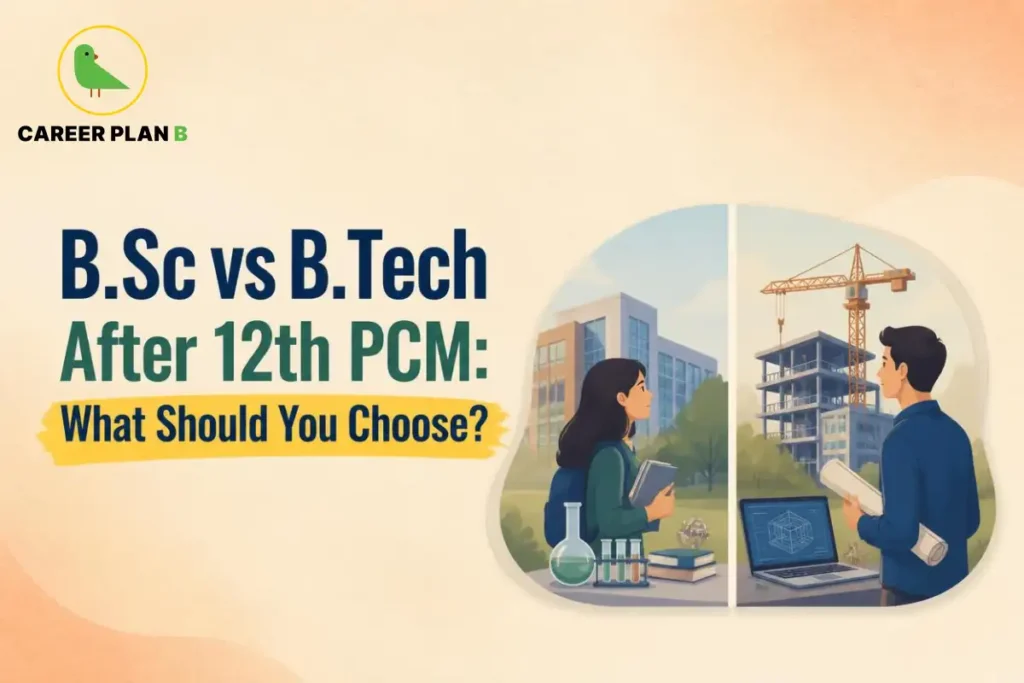 Career Plan B graphic comparing B.Sc and B.Tech after 12th PCM, highlighting study and career paths.