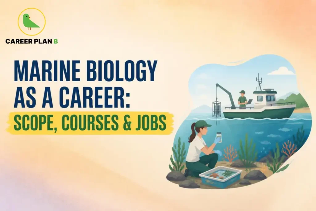 Career Plan B graphic showing marine biology careers, courses, jobs, and underwater research activities.