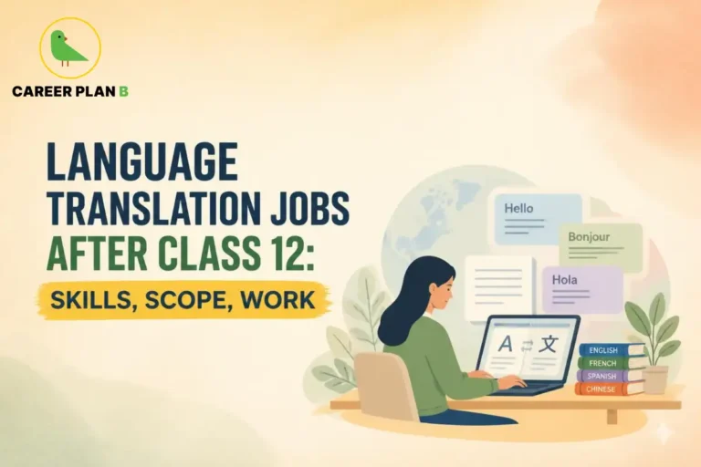 Career Plan B graphic showing language translation jobs after Class 12, including skills, scope, and work.