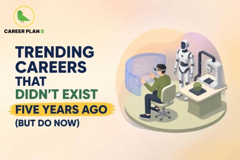 Illustration for Careers That Didn't Exist showing a professional using VR, a humanoid robot, and 3D printing technology.