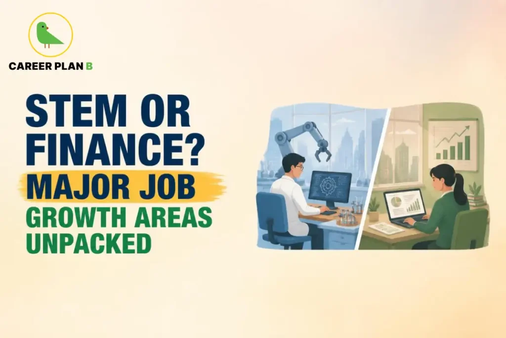 Illustration for STEM or Finance comparing careers in engineering, robotics, and financial analysis.
