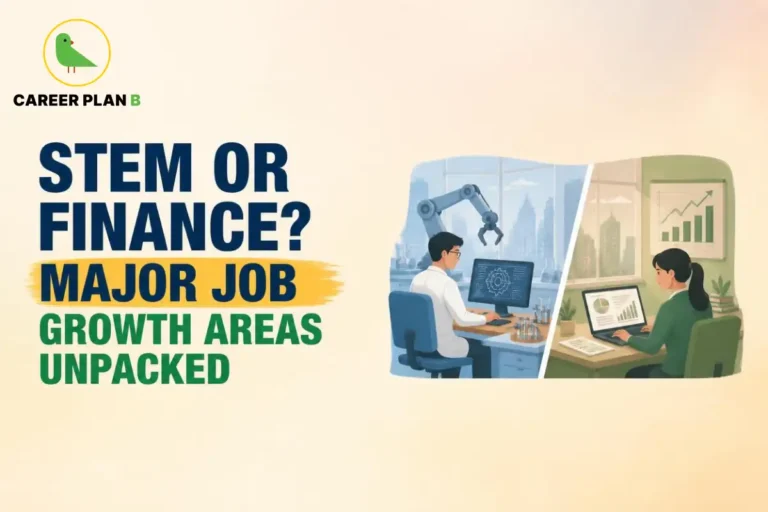 Illustration for STEM or Finance comparing careers in engineering, robotics, and financial analysis.