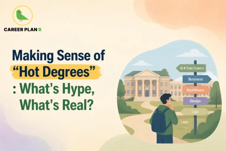 Illustration for Hot Degrees showing a student choosing between AI and Data Science, Business, Healthcare, Design, and Law.