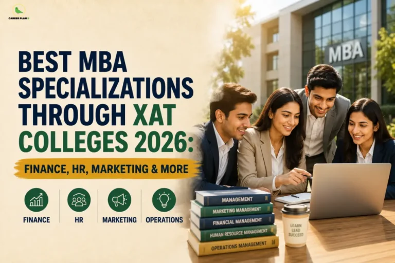 Educational infographic by Career Plan B titled "BEST MBA SPECIALIZATIONS THROUGH XAT COLLEGES 2026: FINANCE, HR, MARKETING & MORE." Set against a textured beige backdrop, a group of four diverse corporate professional students in formal business suits look smilingly at a laptop screen at a desk. In front of them sits a stack of textbooks labeled with different MBA specialization areas and a coffee cup reading "LEARN LEAD SUCCEED." A large glass university building labeled "MBA" stands in the background. Four circular line-art icons at the bottom left represent core specialization domains: FINANCE, HR, MARKETING, and OPERATIONS. In the top-left corner, the Career Plan B logo features a minimalist green bird silhouette enclosed within a thin circular gold outline, with the brand name cleanly written below and the letter "B" highlighted in green.