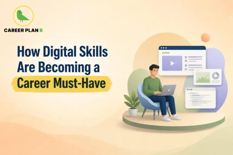 Illustration for Digital Skills Are Becoming a Career Must-Have showing a professional learning digital skills on a laptop.