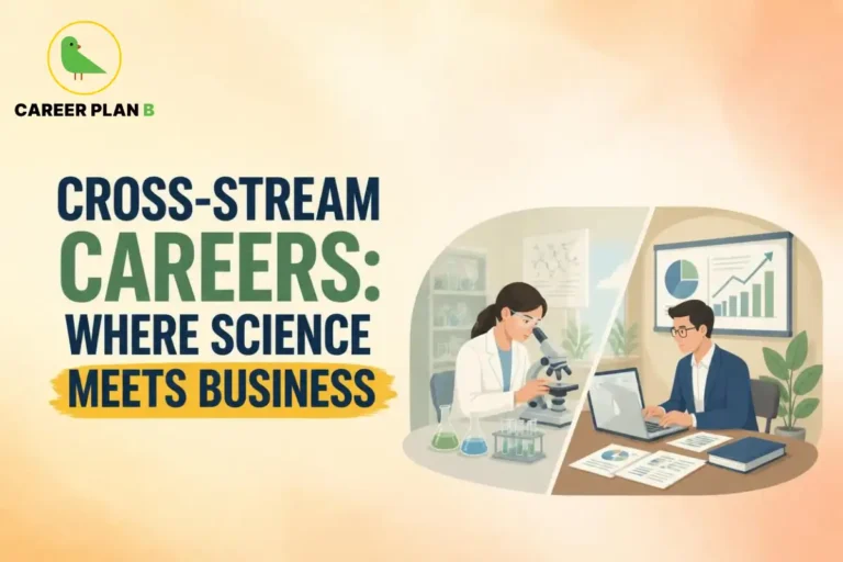 Illustration for Cross-Stream Careers showing a scientist and a business professional representing interdisciplinary career paths.