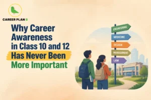 Illustration for career awareness in Class 10 and 12 showing students exploring engineering, medicine, design, management, and law career paths.