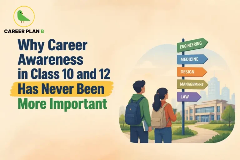 Illustration for career awareness in Class 10 and 12 showing students exploring engineering, medicine, design, management, and law career paths.