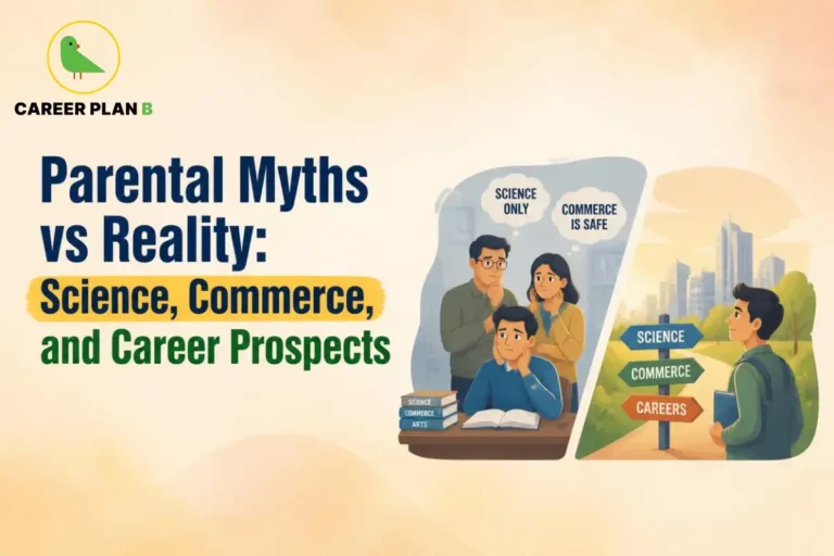 Illustration for Science vs Commerce Myths showing a student comparing career choices beyond common stream misconceptions.