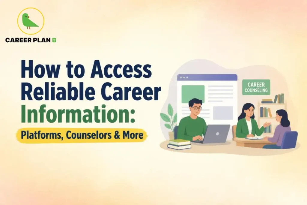 Illustration for Reliable Career Information showing online resources and a career counseling session helping students make informed career decisions.