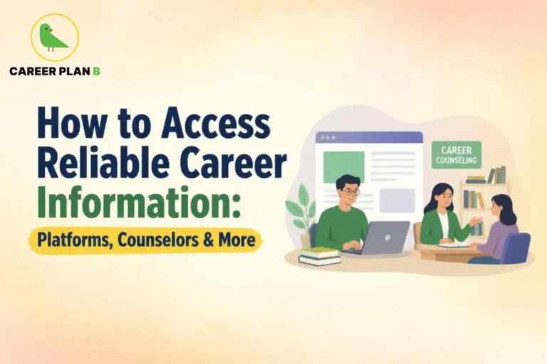 Illustration for Reliable Career Information showing online resources and a career counseling session helping students make informed career decisions.