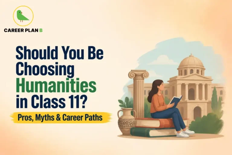 Illustration for Choosing Humanities showing a Class 11 student exploring humanities education and career paths.