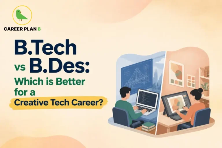 Illustration for B.Tech vs B.Des comparing engineering and design career paths for creative technology students.