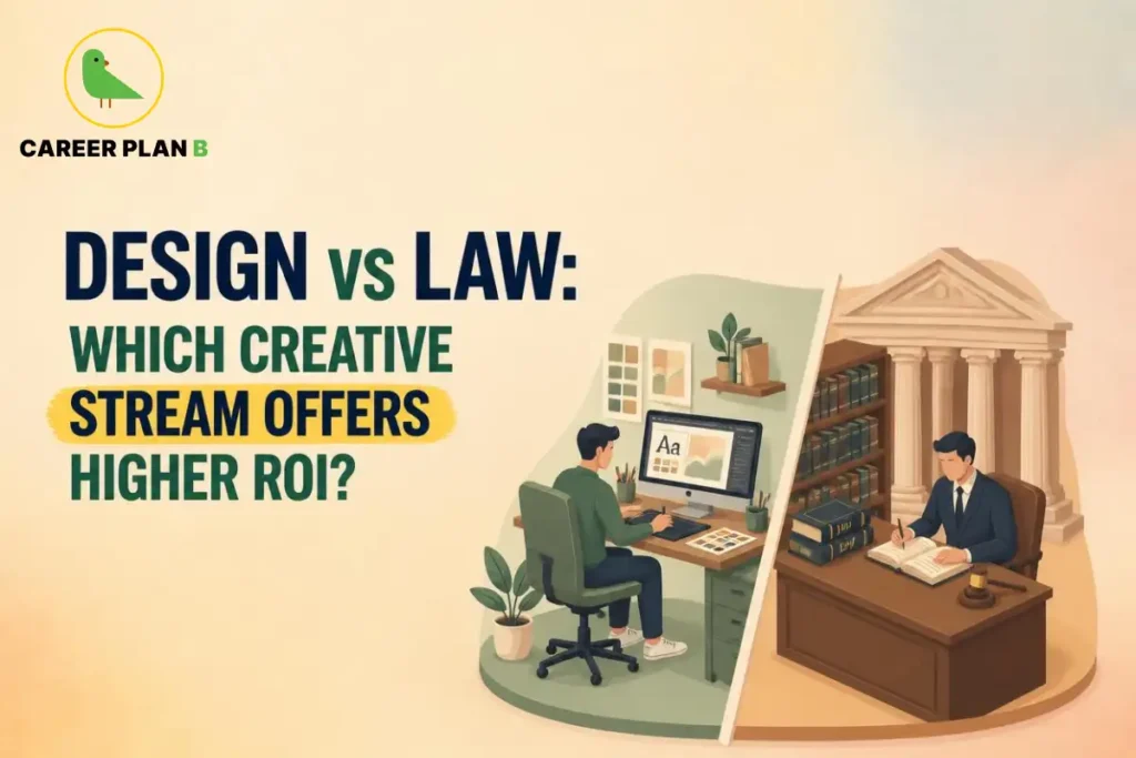 Illustration for Design vs Law comparing creative design and legal career paths with professionals in each field.