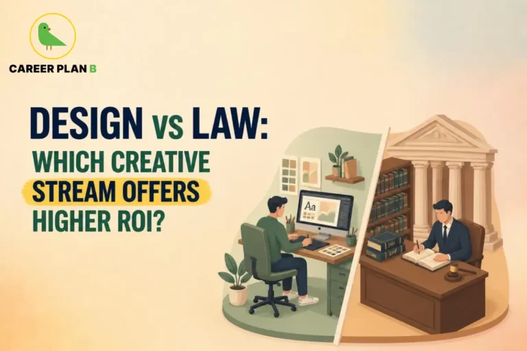 Illustration for Design vs Law comparing creative design and legal career paths with professionals in each field.