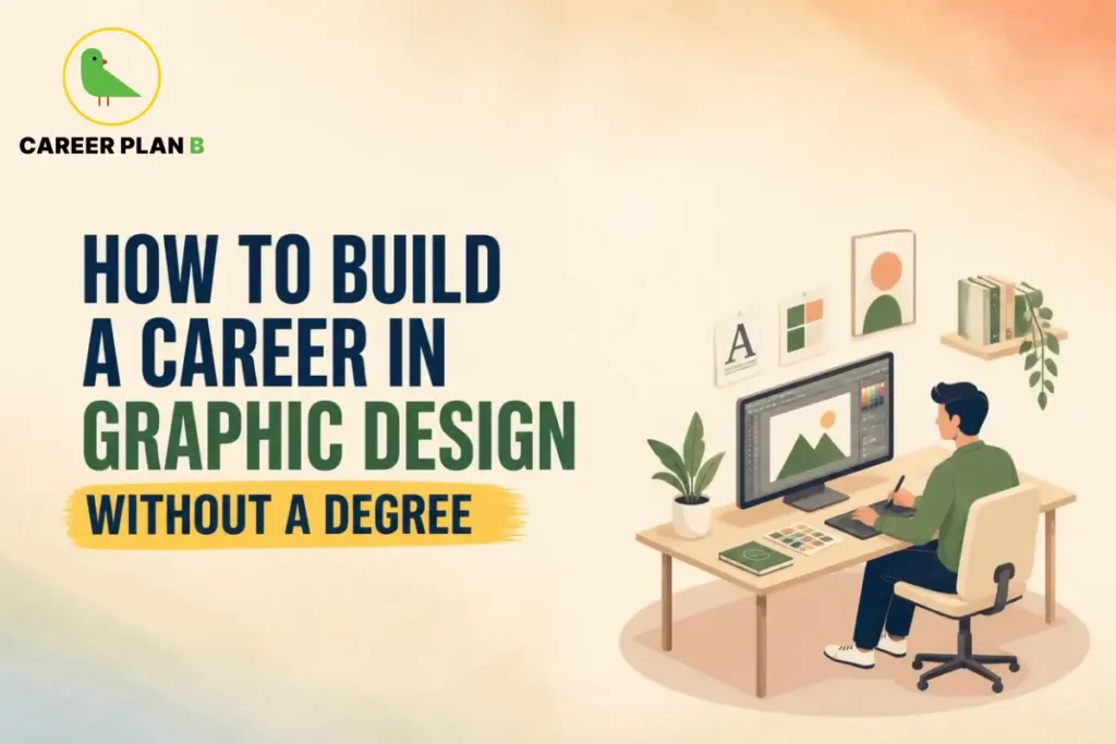 Illustration for Graphic Design Career Without a Degree showing a designer creating digital artwork on a computer.