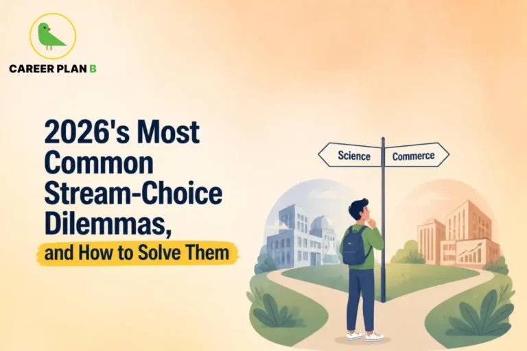 Illustration for Stream Choice Dilemmas showing a student deciding between science and commerce after Class 10.