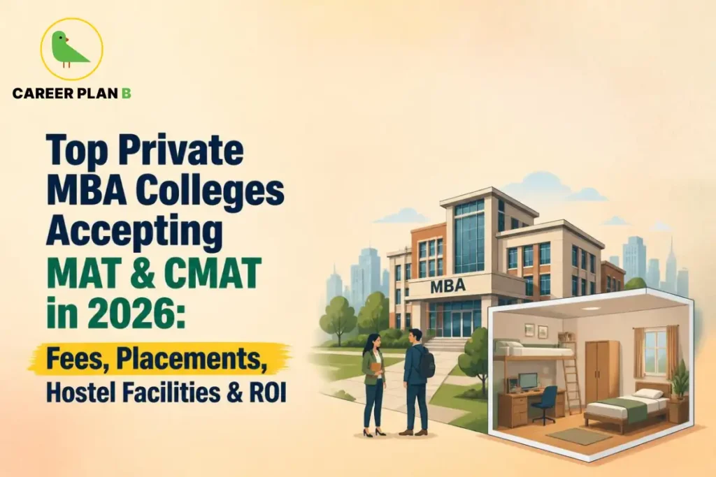 Illustration of MBA college, hostel room, and students, featuring Career Plan B logo and MAT, CMAT colleges comparison.
