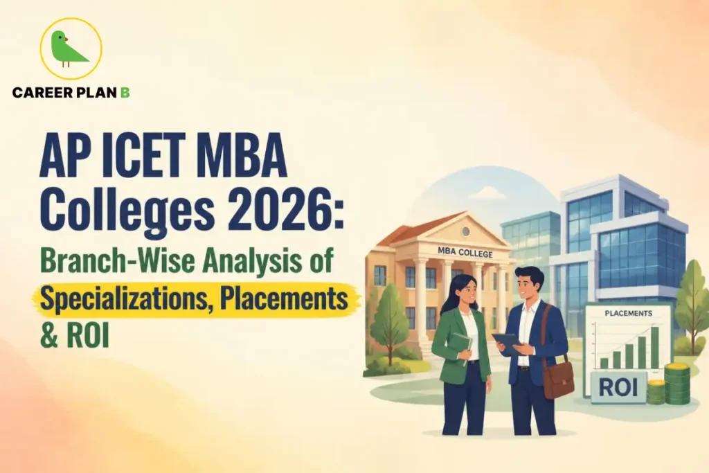 Illustration of MBA college, students, and placement chart, featuring Career Plan B logo and AP ICET MBA colleges.